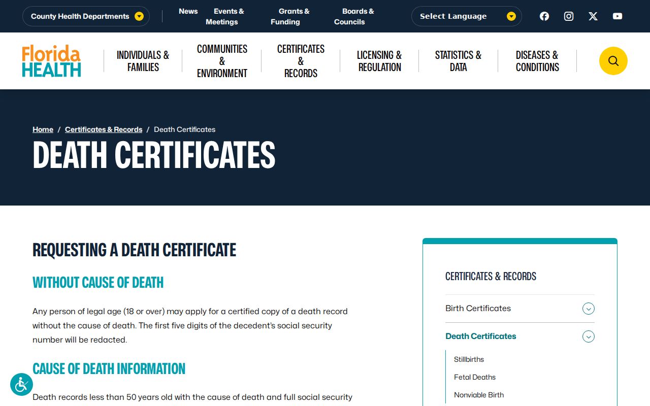 Florida death certificate access for Wellington former-resident research