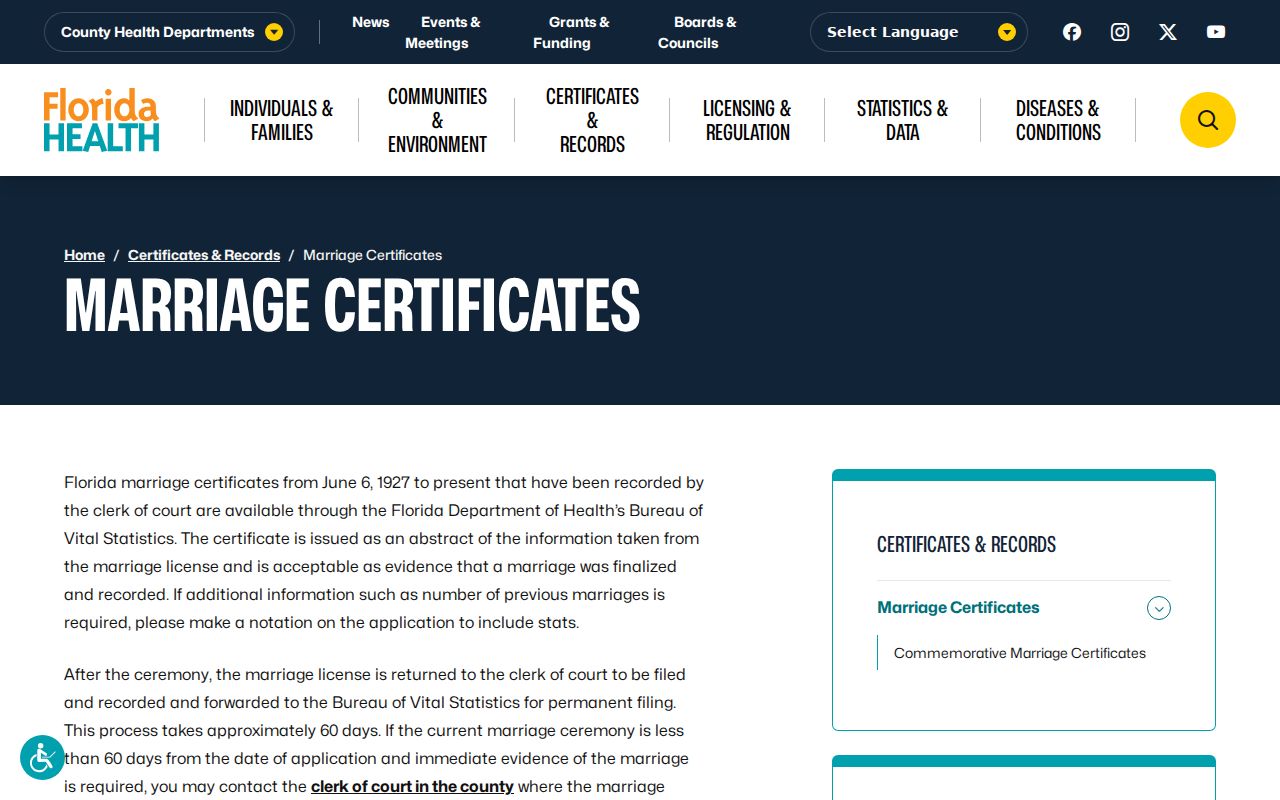 Florida marriage certificates for Wellington previous residents research